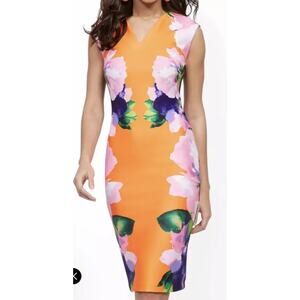 New York & Co Orange Multicolor Floral V-Neck Sleeveless Sheath Dress Size L